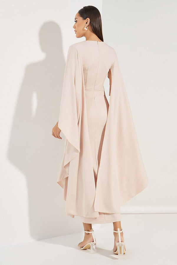 Rachel - Hellrosa Midi-Kleid mit V-Ausschnitt und Chiffon-Ärmel