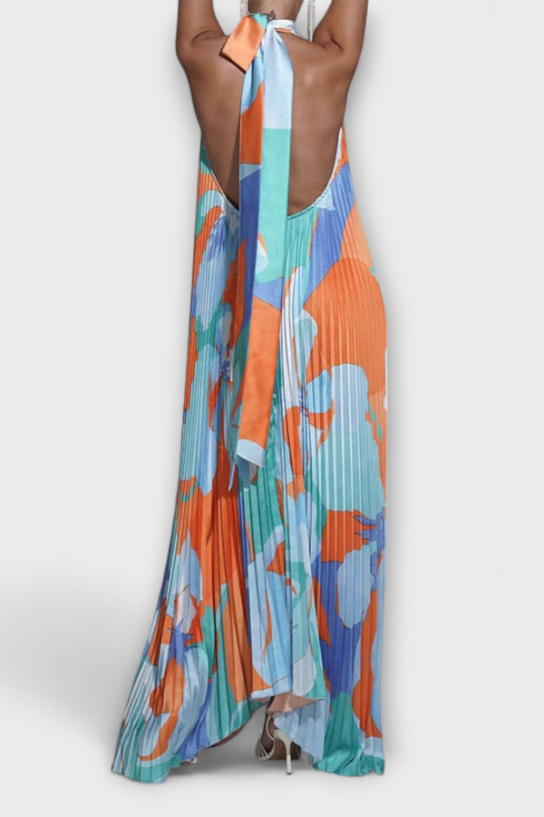Vida - Schickes Plissiertes Halterneck Rückenfreies Midi-Kleid mit Trägerdesign