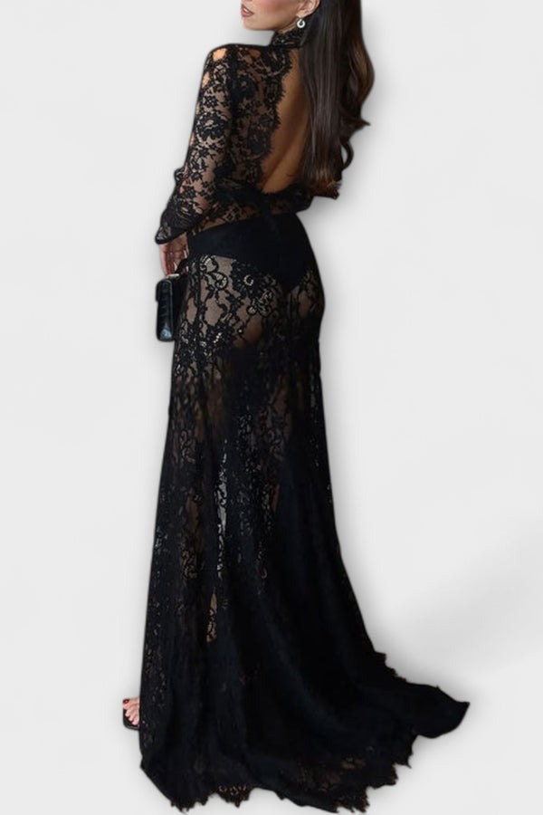 Azalee - Midnight Elegance Transparente Cutout Langarm Stretch Maxikleid