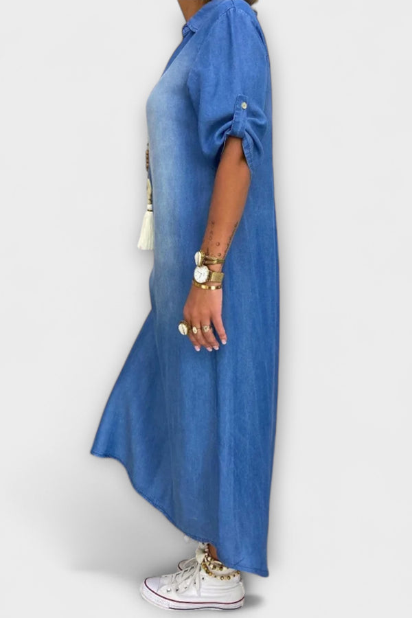 Lea - Langes Denim-Look Kleid mit Seitenschlitz