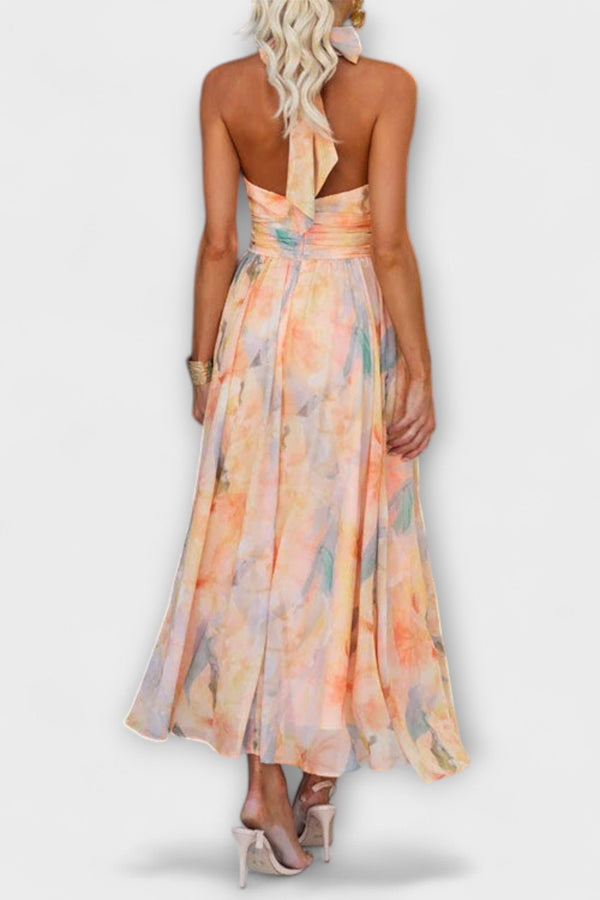 Halter-Neck Aquarell Print Maxi Kleid