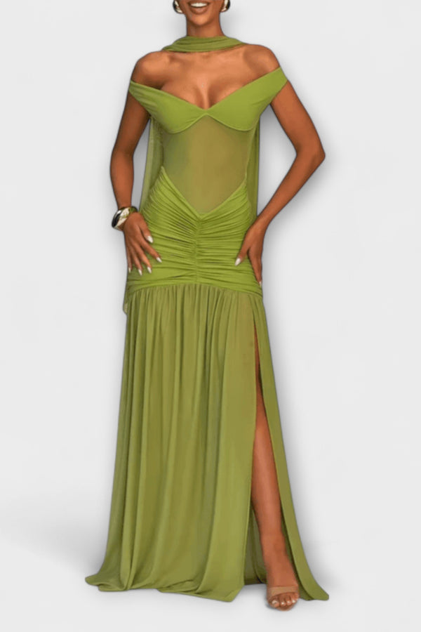 Nicole - Olivfarbenes V-Ausschnitt Maxikleid