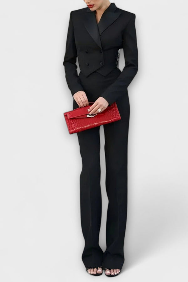 Noa - Schwarzes Perlenbesetztes Rückenfreies Kurzes Blazer Set