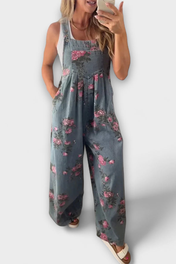 Bethany - Blumenmuster Weite Denim Latzhose