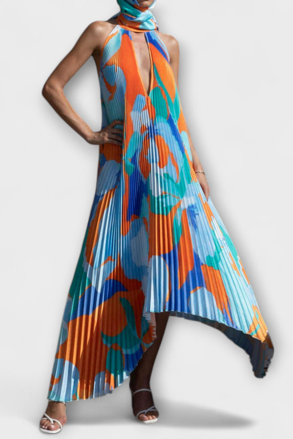 Vida - Schickes Plissiertes Halterneck Rückenfreies Midi-Kleid mit Trägerdesign