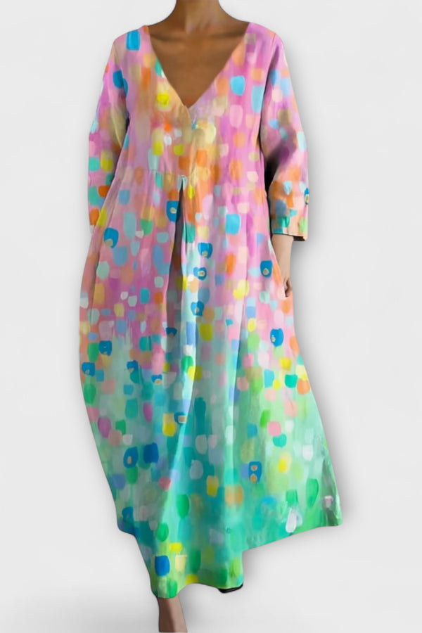 Fiona - Langes, farbenfrohes Kleid mit V-Ausschnitt
