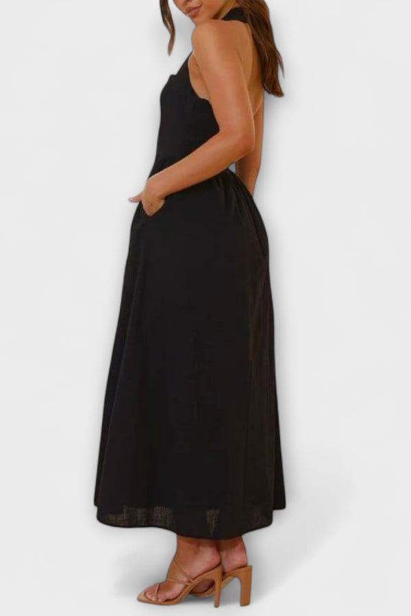 Lydia - Mid-Length Schwarzes Halterkleid mit Taillendetail
