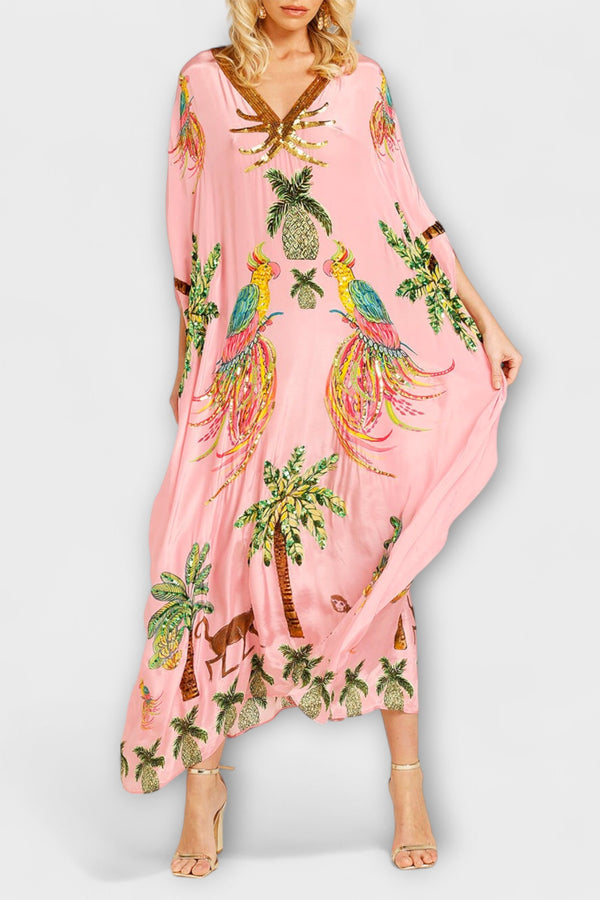 Linda - Auffälliges Kleid mit schrägen Schultern und Kokosbaum-Print