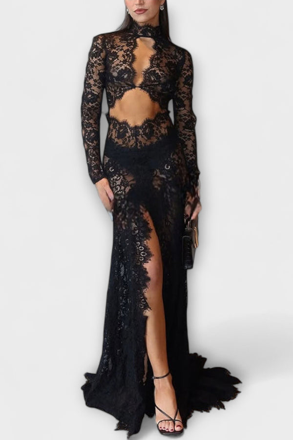 Azalee - Midnight Elegance Transparente Cutout Langarm Stretch Maxikleid