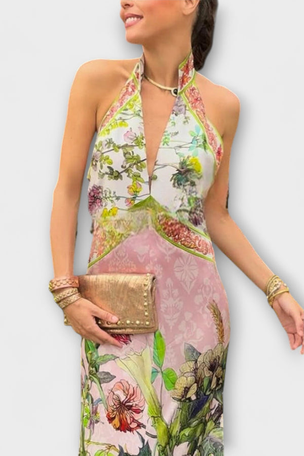 Ayla - Blumenmuster Ärmelloses Offenes Rücken Maxikleid