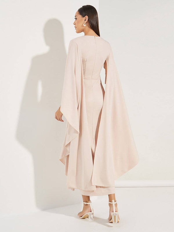 Rachel - Hellrosa Midi-Kleid mit V-Ausschnitt und Chiffon-Ärmel