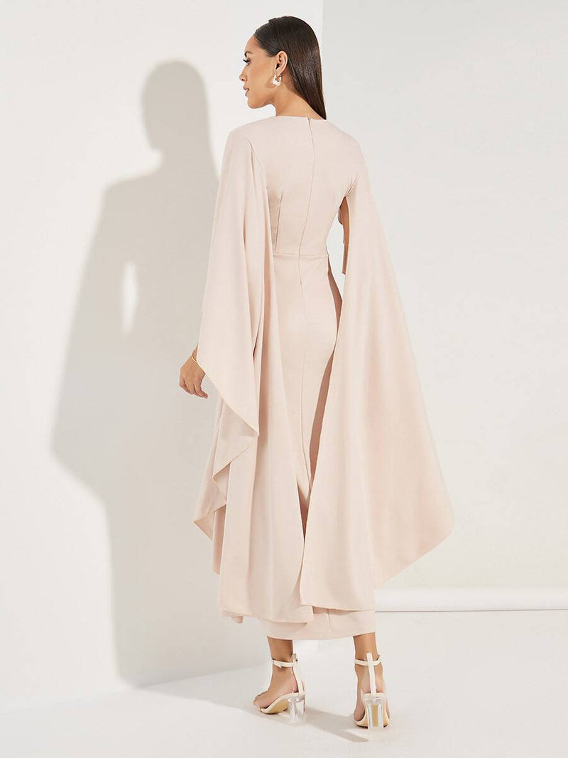 Rachel - Hellrosa Midi-Kleid mit V-Ausschnitt und Chiffon-Ärmel