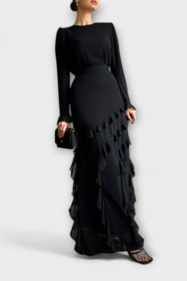Fallon - Slim Fit Langkleid mit dreidimensionalen Rüschen