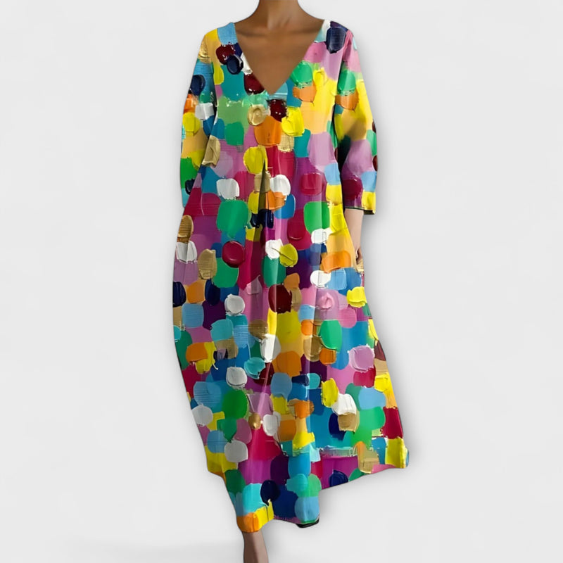 Fiona - Langes, farbenfrohes Kleid mit V-Ausschnitt