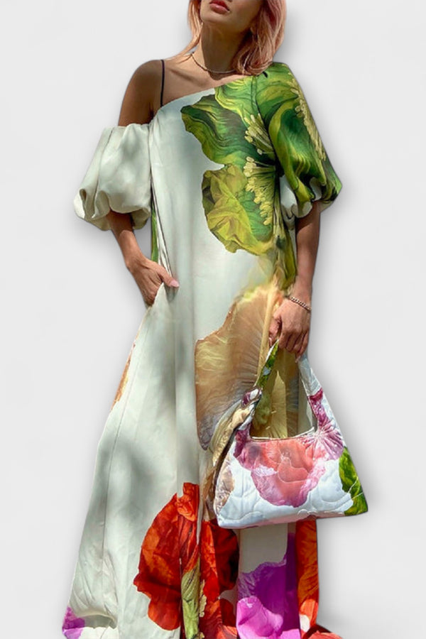 Skylar - Maxikleid mit Blumendruck, schrägem Kragen und Puffärmeln