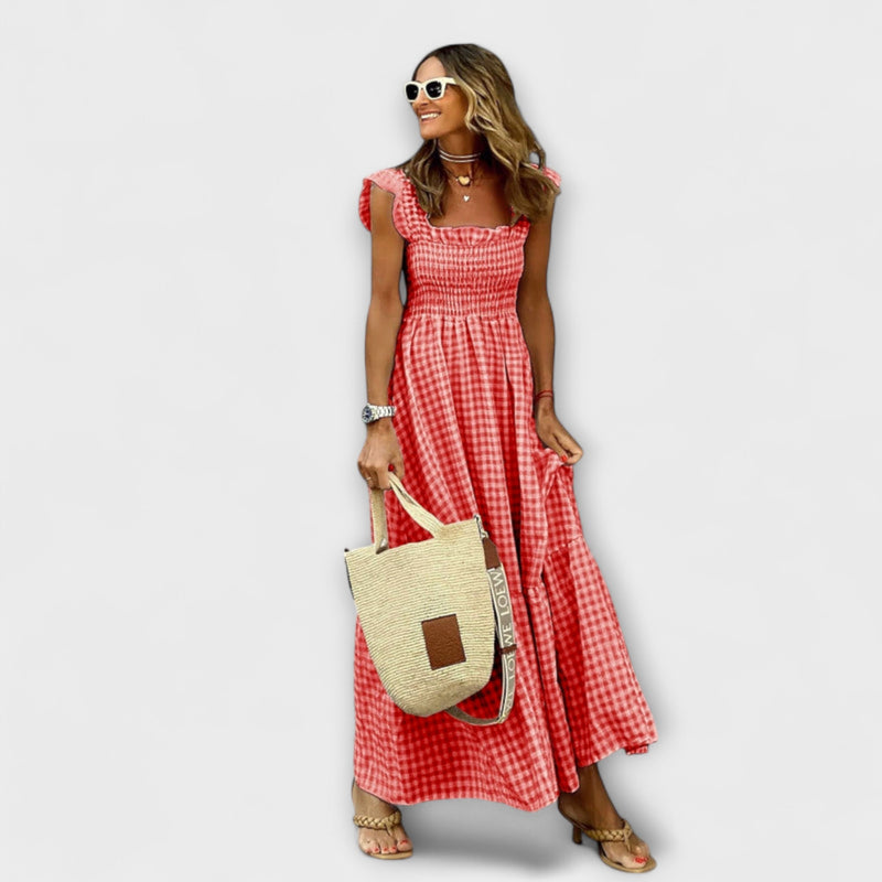 Suri - Maxikleid mit gerafften Karo-Rüschensäumen