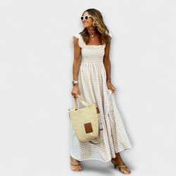 Suri - Maxikleid mit gerafften Karo-Rüschensäumen