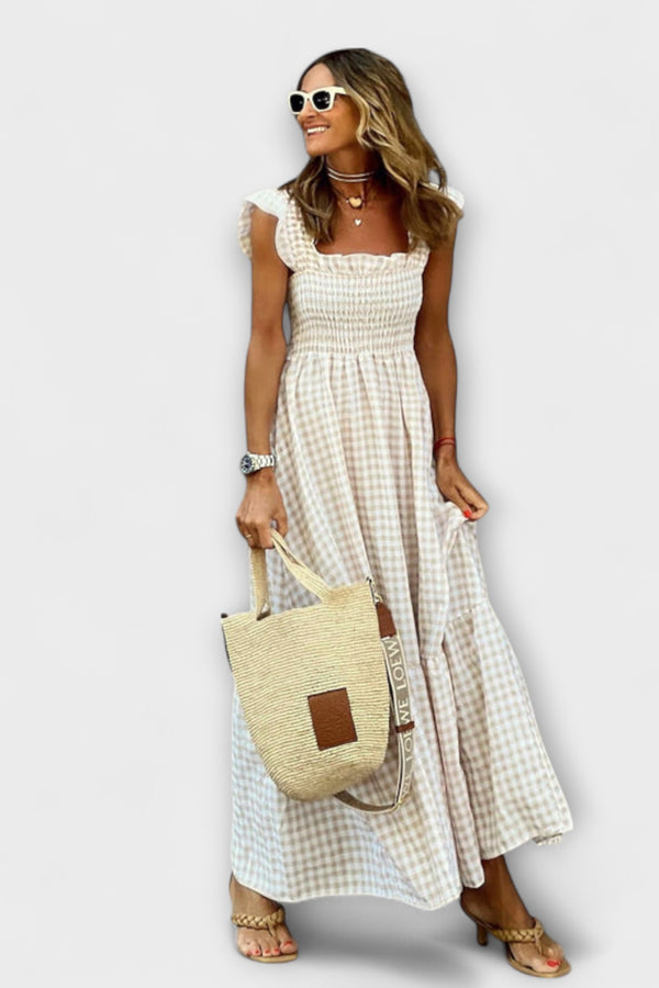 Suri - Maxikleid mit gerafften Karo-Rüschensäumen