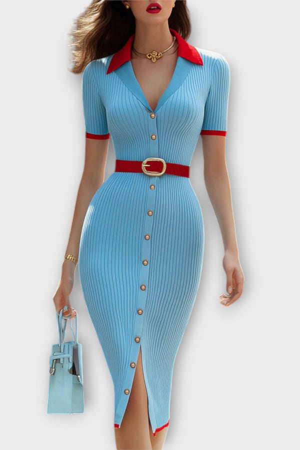 Sina - Schickes Babyblaues Rippstrick-Bleistiftkleid