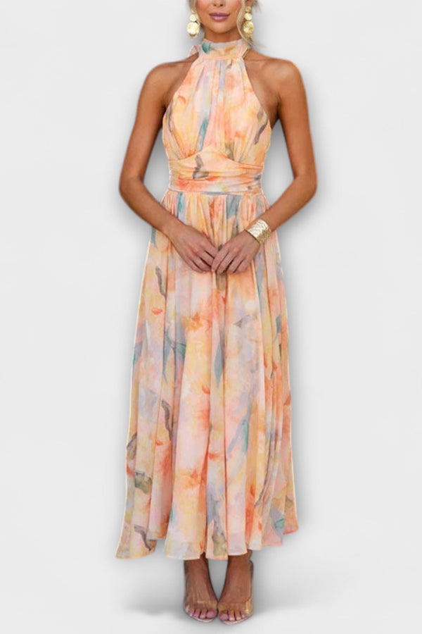 Vestido longo com estampa aquarela e decote halter