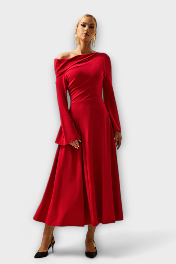 Willa - Off-Shoulder Midi-Kleid mit gerafften Ballärmeln