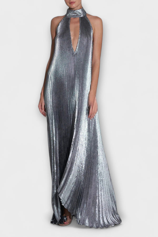 Calliope - Metallic Falten A-Linie Maxikleid