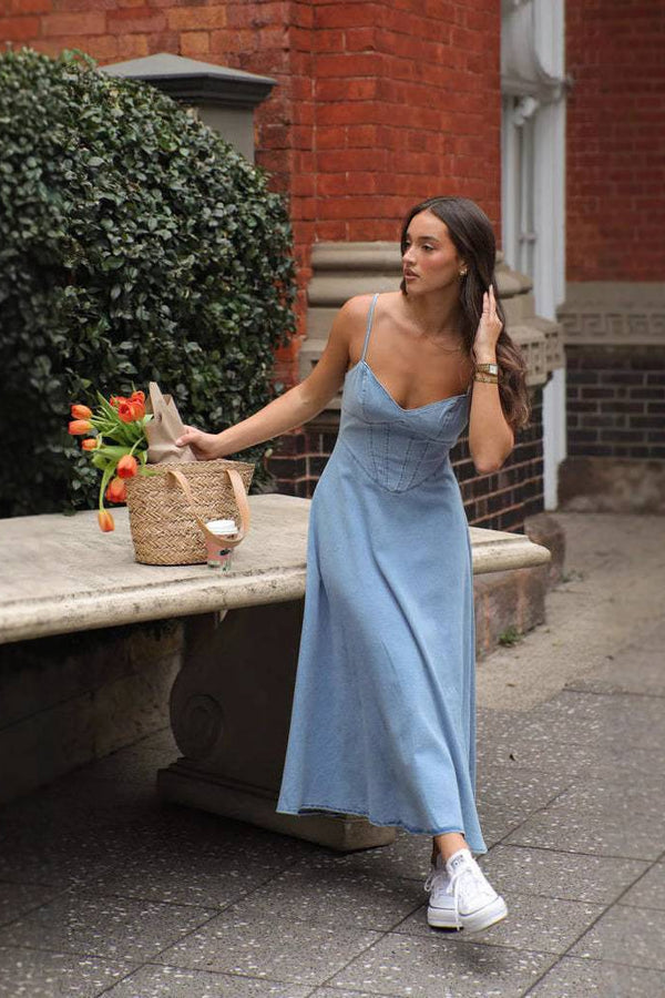 Lux - Denim Blau Trägerloses Kleid