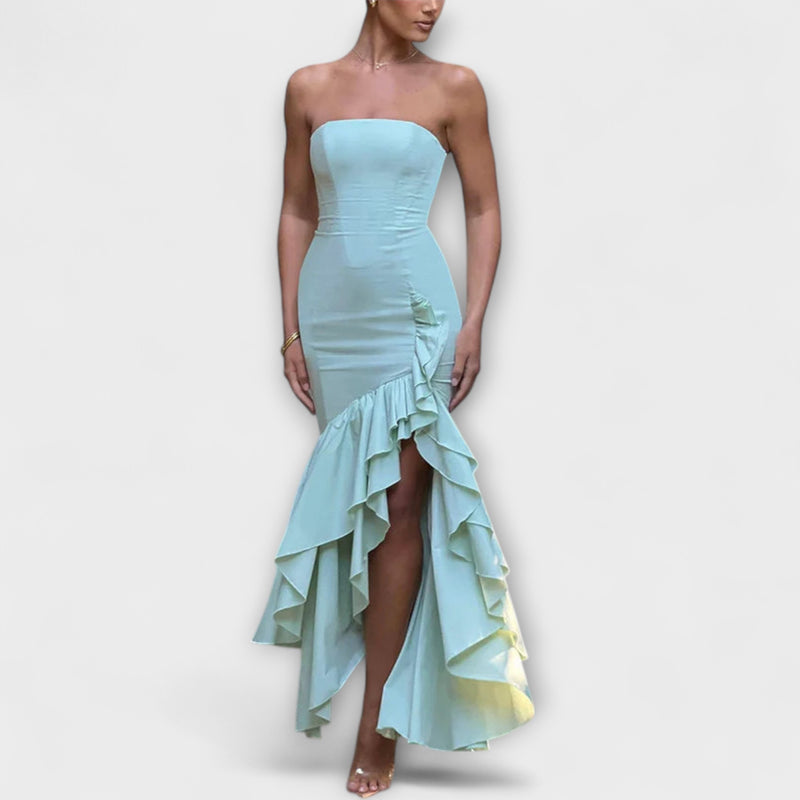 Zuri - Off-Shoulder Slim Fit Maxikleid mit asymmetrischem Saum