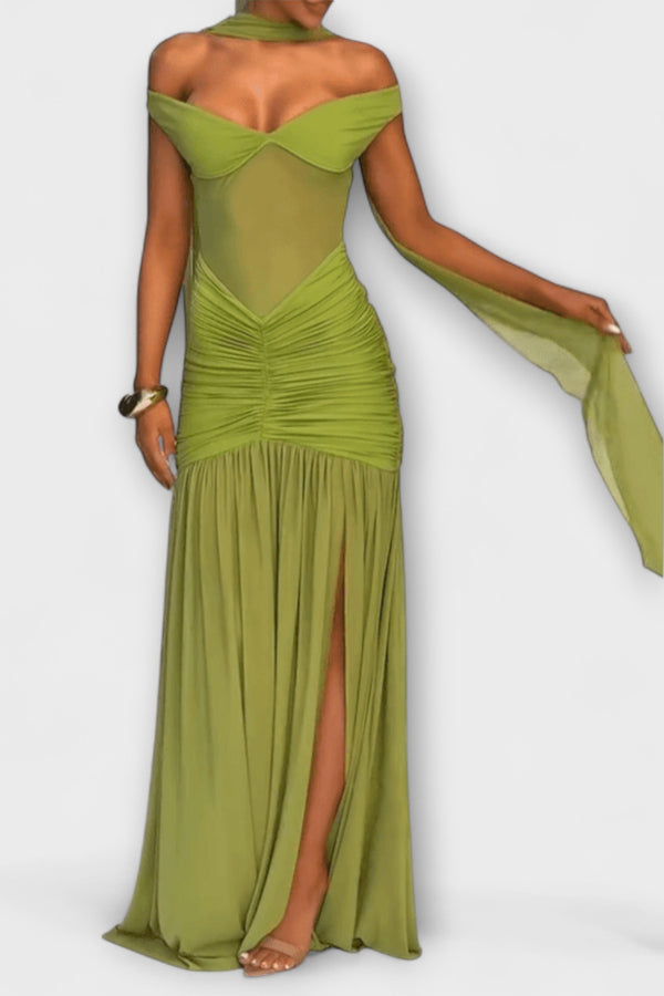 Nicole - Olivfarbenes V-Ausschnitt Maxikleid