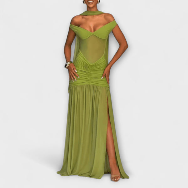 Nicole - Olivfarbenes V-Ausschnitt Maxikleid
