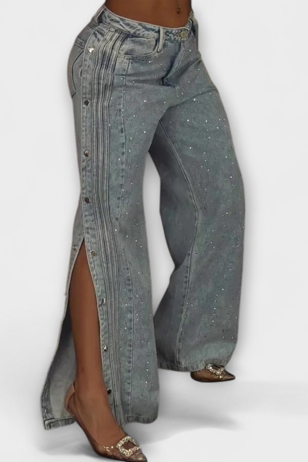 Nola - Mit Strass verzierten High-Waisted Jeans mit seitlichen Knöpfen