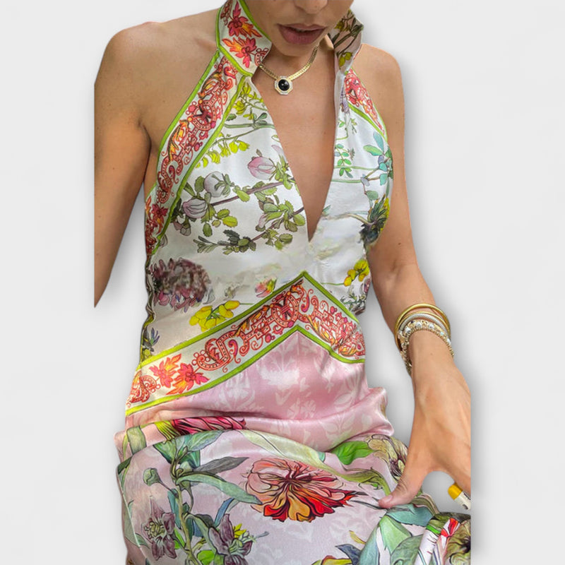 Ayla - Blumenmuster Ärmelloses Offenes Rücken Maxikleid