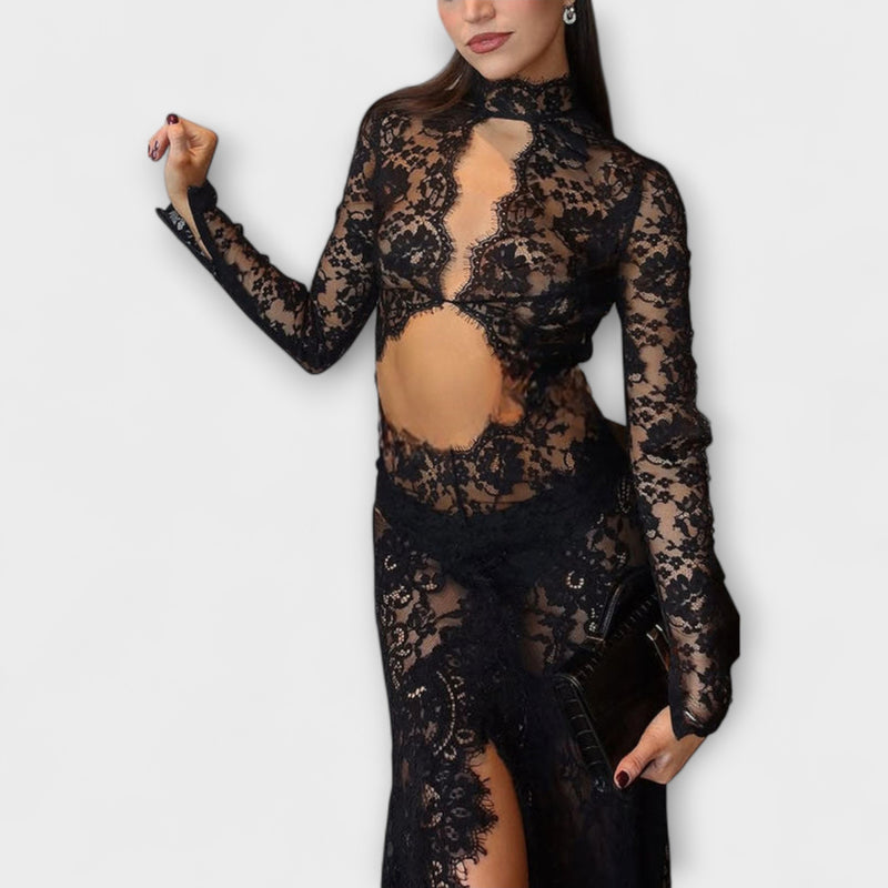 Azalee - Midnight Elegance Transparente Cutout Langarm Stretch Maxikleid
