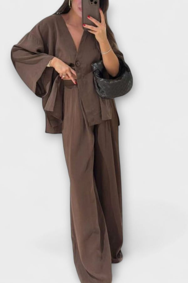 Jacqueline - Lässiges V-Ausschnitt Top und Hose Duo