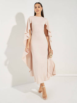 Rachel - Hellrosa Midi-Kleid mit V-Ausschnitt und Chiffon-Ärmel