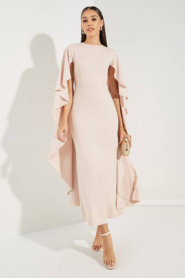 Rachel - Hellrosa Midi-Kleid mit V-Ausschnitt und Chiffon-Ärmel