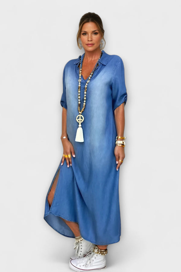 Lea - Langes Denim-Look Kleid mit Seitenschlitz