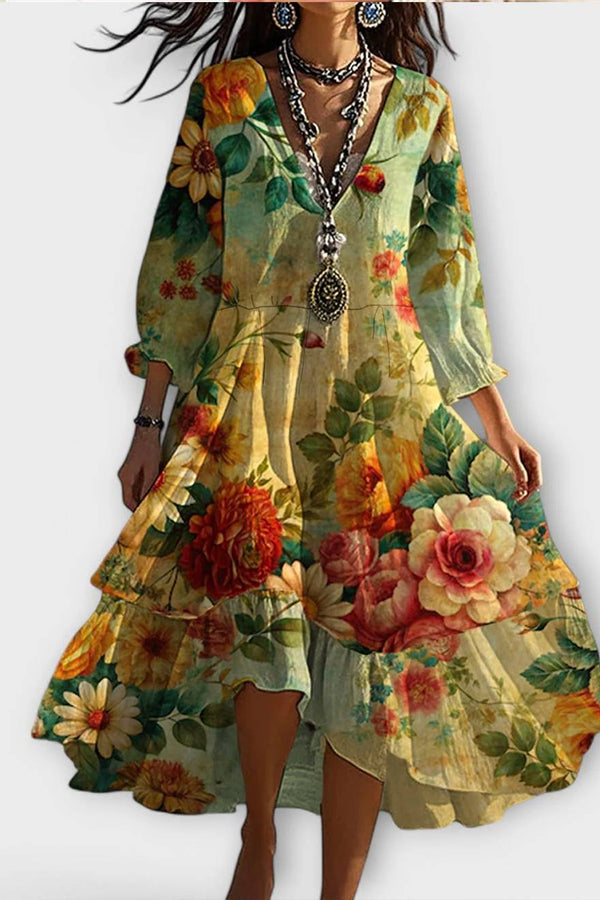 Marina - Vintage Boho Blumenmuster V-Ausschnitt Kleid