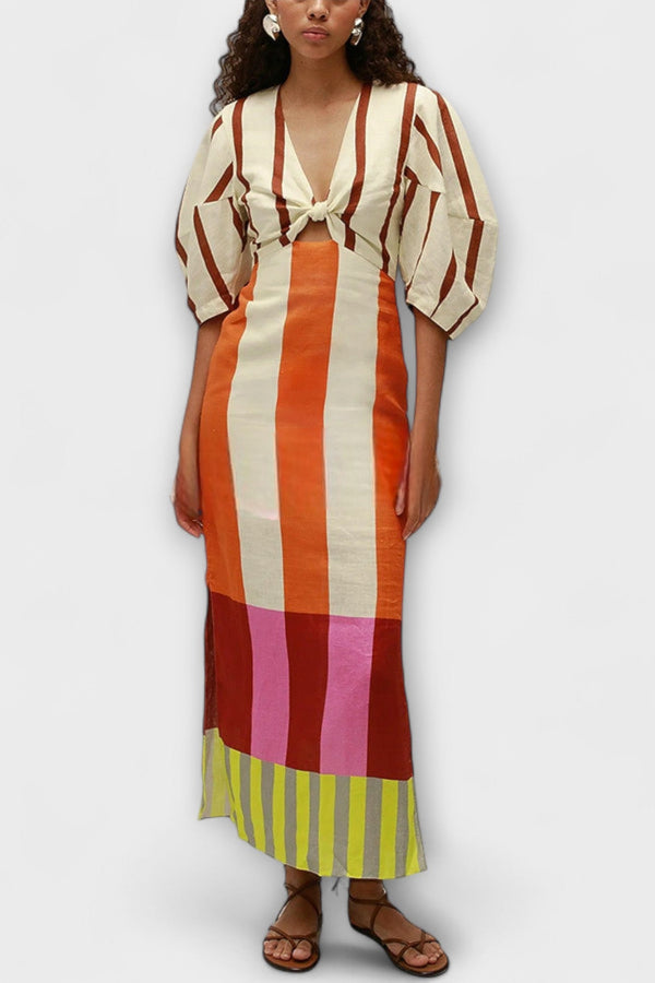 Kaya - Maxi-Kleid mit Front-Ausschnitt und Puffärmeln