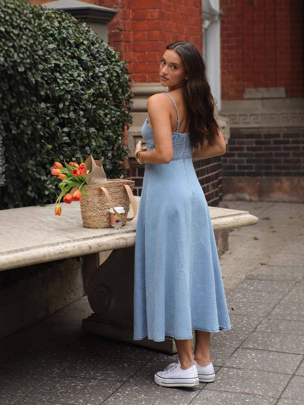 Lux - Denim Blau Trägerloses Kleid