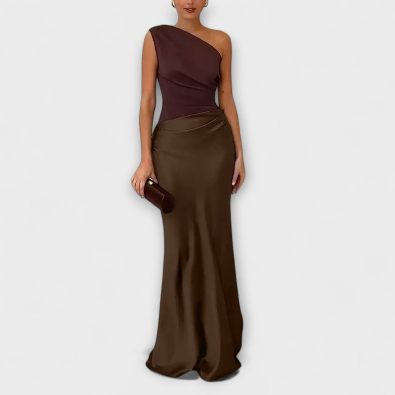 Elegantes Ein-Schulter Falten Maxi Kleid
