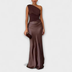 Elegantes Ein-Schulter Falten Maxi Kleid