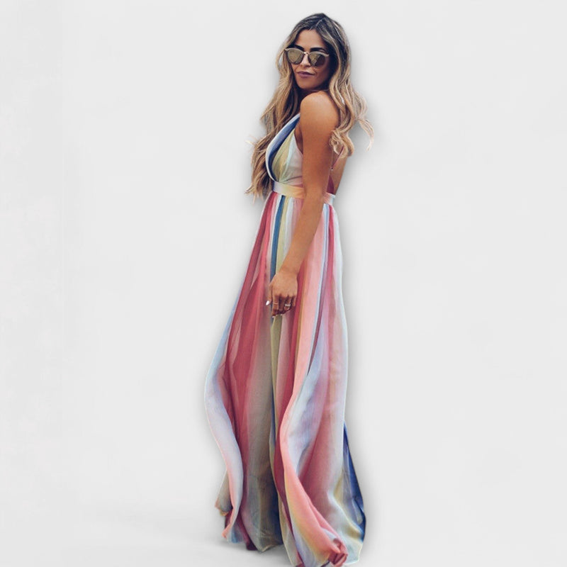 Mehrfarbig Gestreiftes Damenkleid mit V-Ausschnitt