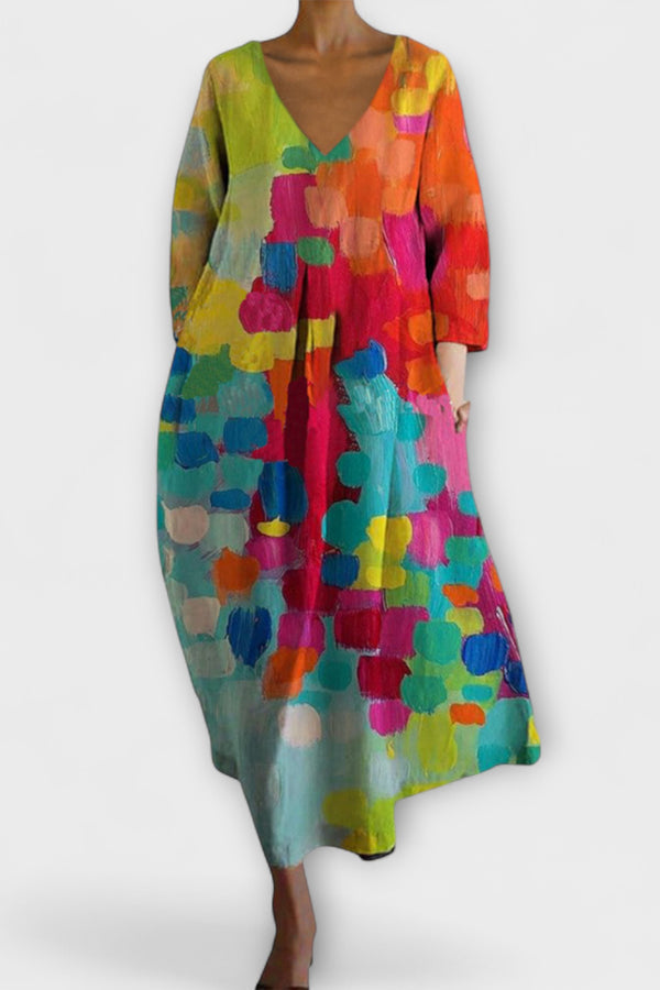 Fiona - Langes, farbenfrohes Kleid mit V-Ausschnitt