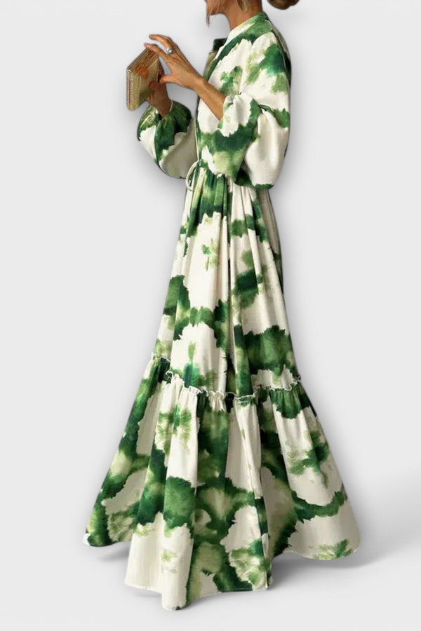Melina - Grünes Maxi-Kleid mit langen Ärmeln und V-Ausschnitt