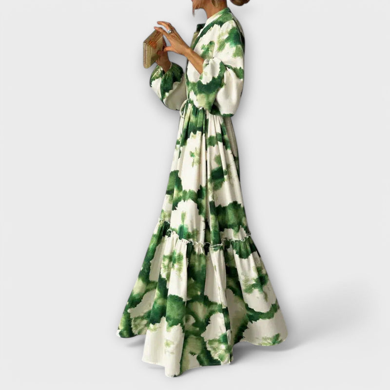Melina - Grünes Maxi-Kleid mit langen Ärmeln und V-Ausschnitt