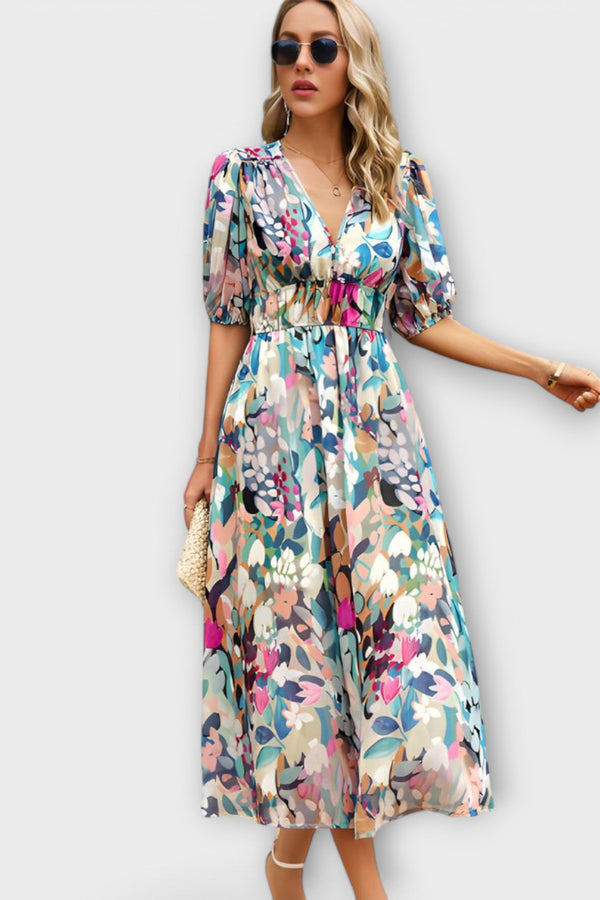 Abstraktes Maxi-Kleid mit Puffärmeln