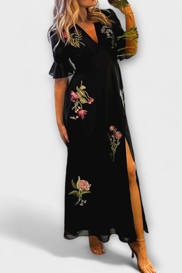 Beatrice - Elegantes Navy Blau Kleid mit Floralstickerei