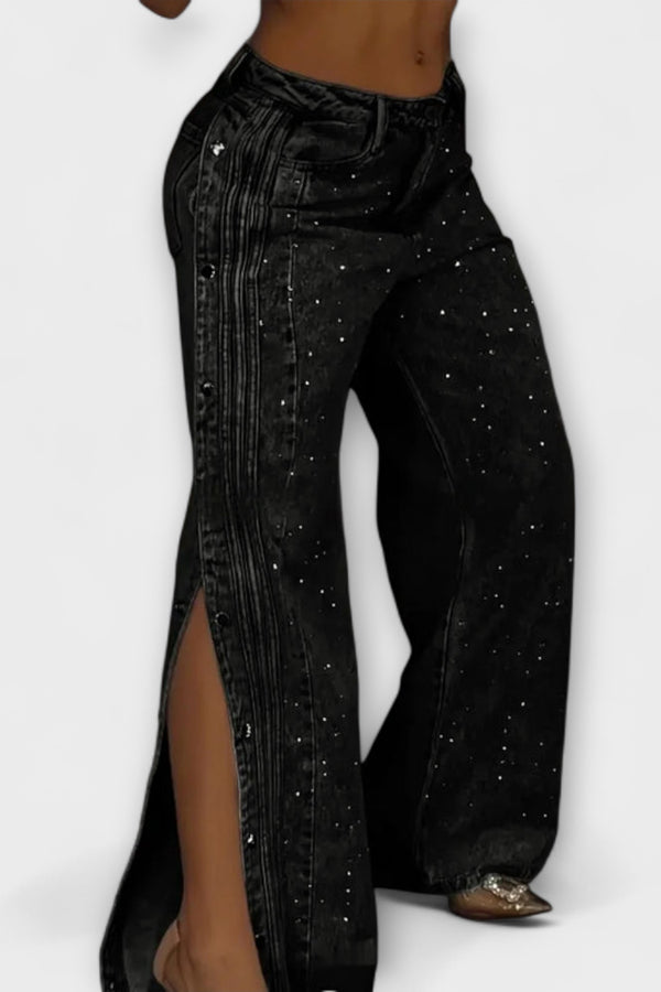 Nola - Mit Strass verzierten High-Waisted Jeans mit seitlichen Knöpfen