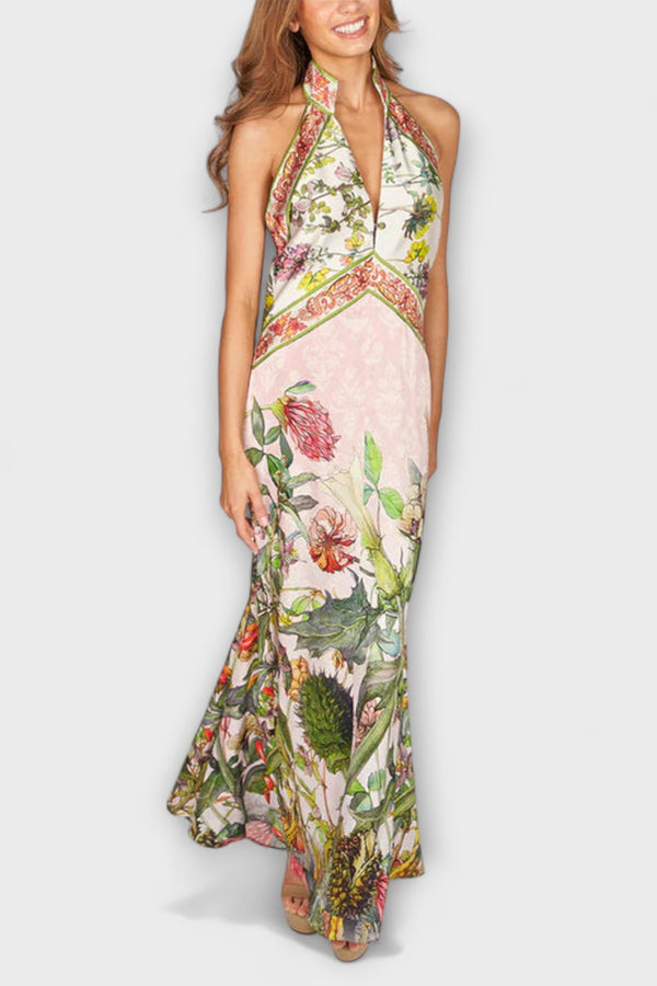 Ayla - Blumenmuster Ärmelloses Offenes Rücken Maxikleid